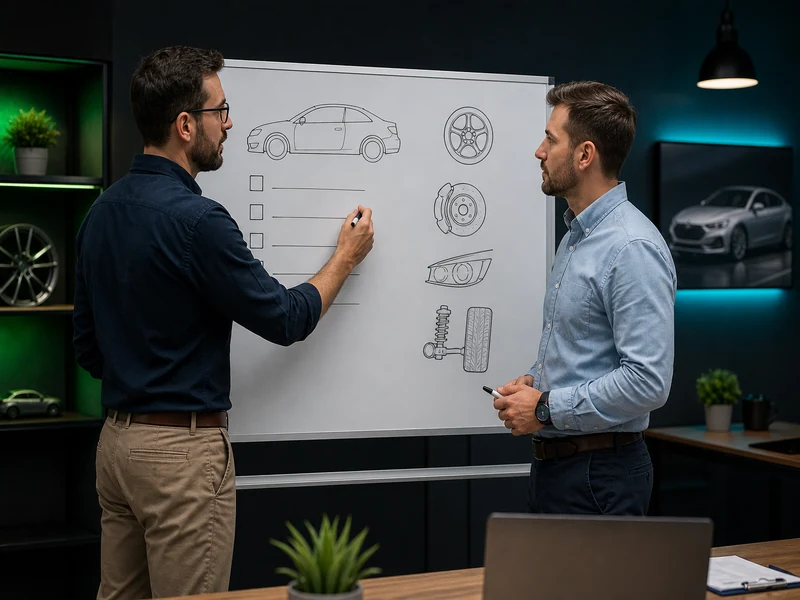 Kollegen besprechen Inspektions-Checkliste an Whiteboard