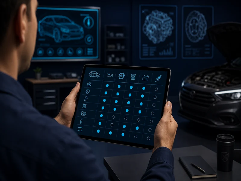 Tablet mit Wartungsdiagramm in den Händen einer Nutzerin