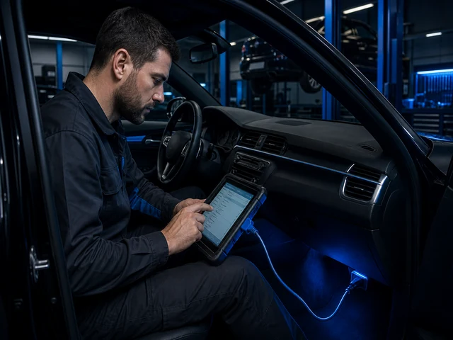 Diagnose-Tablet am OBD-Anschluss in dunkler Werkstattumgebung
