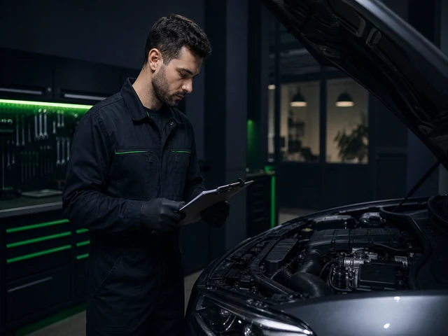 Techniker prüft Motor und Unterlagen am Prüfstand